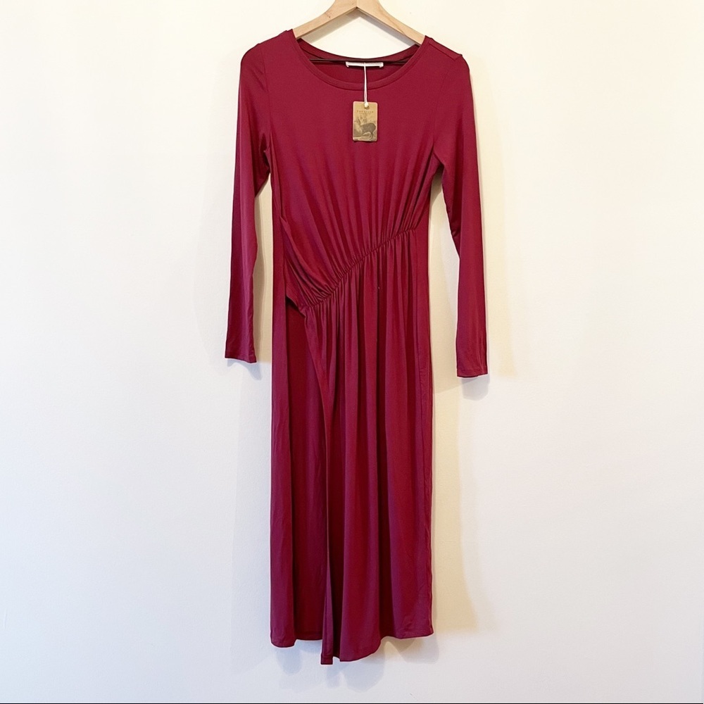 NWT Peruvian Connection Maroon Long High Slit Side Gathered Avant Garde Top Sm